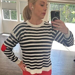 Striped Black and White Sweater with Red Elbow Patch